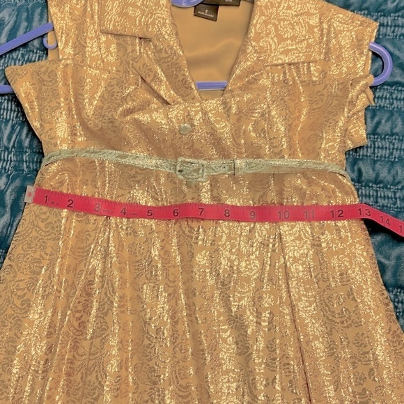 Duro Olowu Gold and Seafoam Green Sparkling Belted Sleeveless Dress Size-2 - Picture 9 of 10